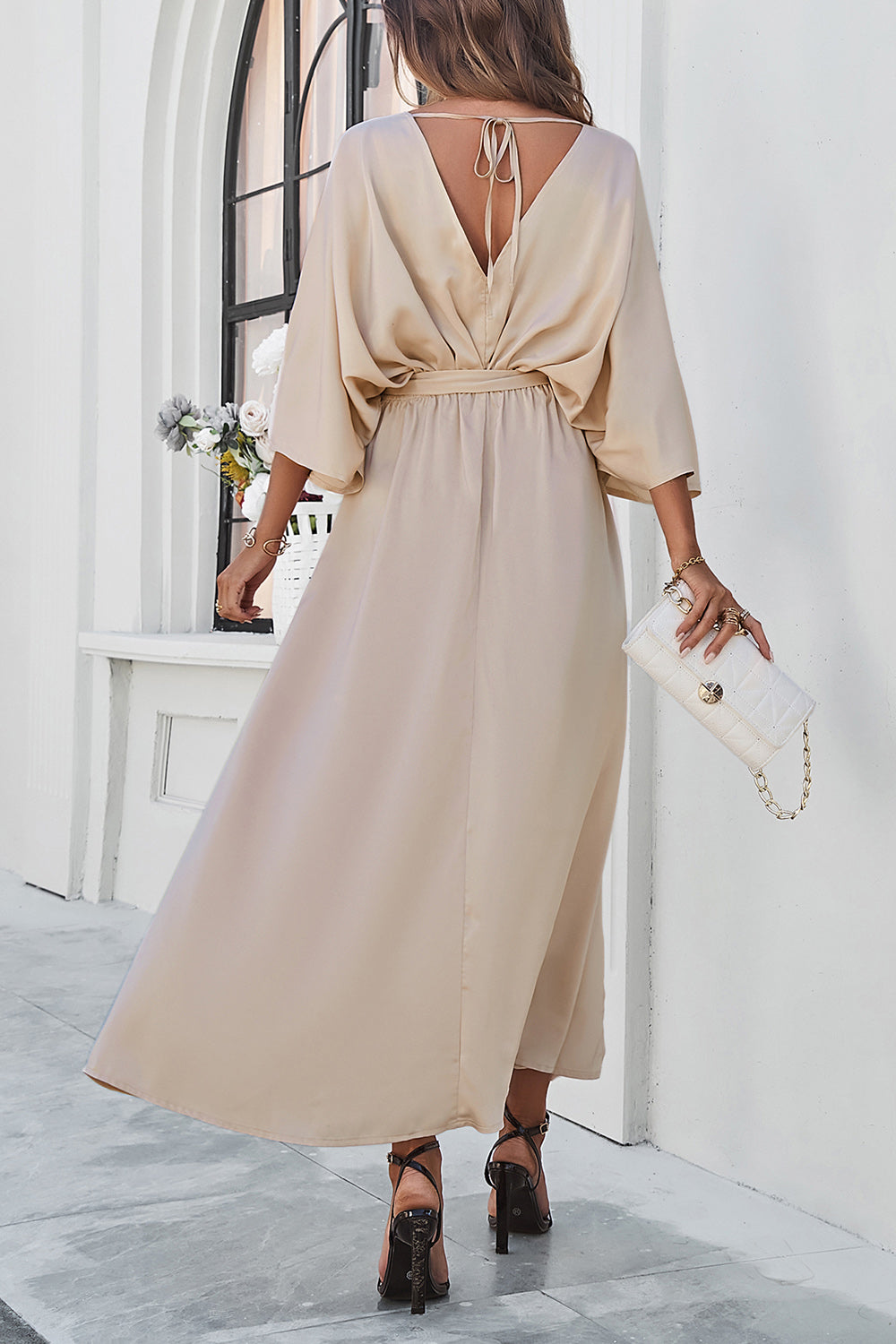 V-Neck Three-Quarter Sleeve Dress with Stylish Side Slit