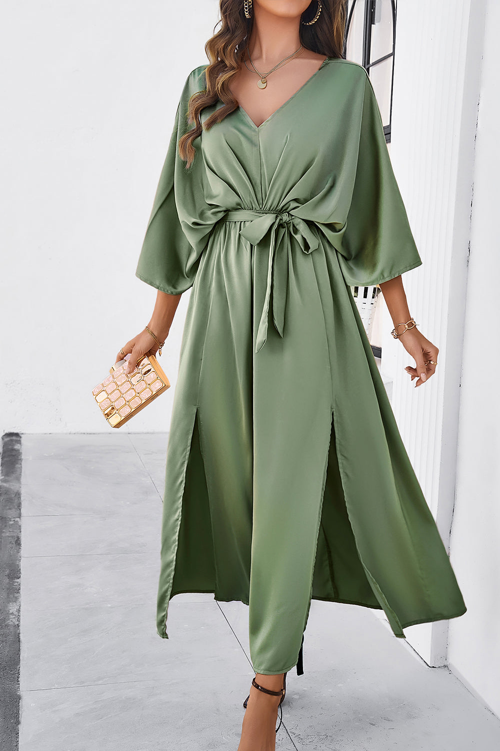 V-Neck Three-Quarter Sleeve Dress with Stylish Side Slit Sage