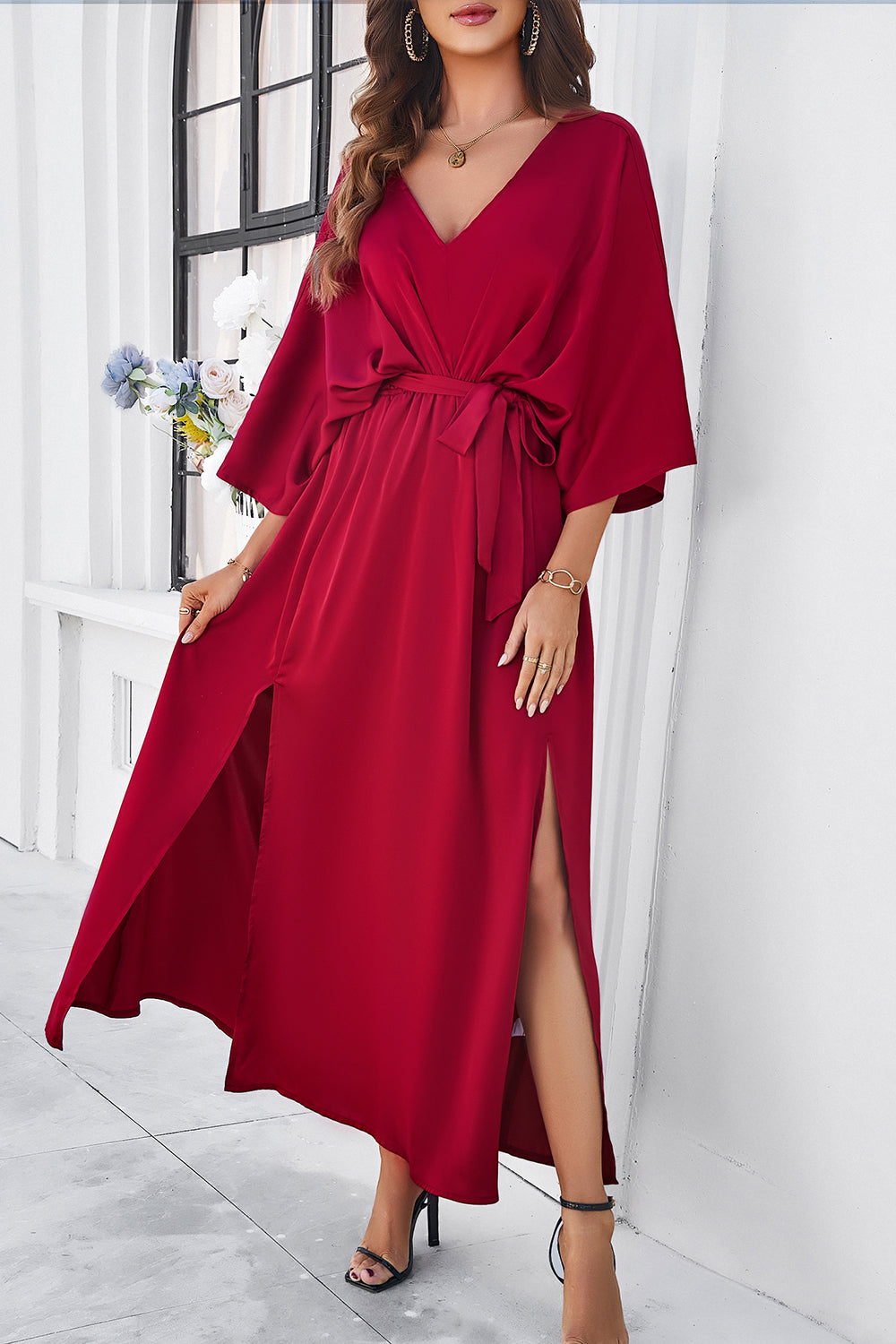 V-Neck Three-Quarter Sleeve Dress with Stylish Side Slit