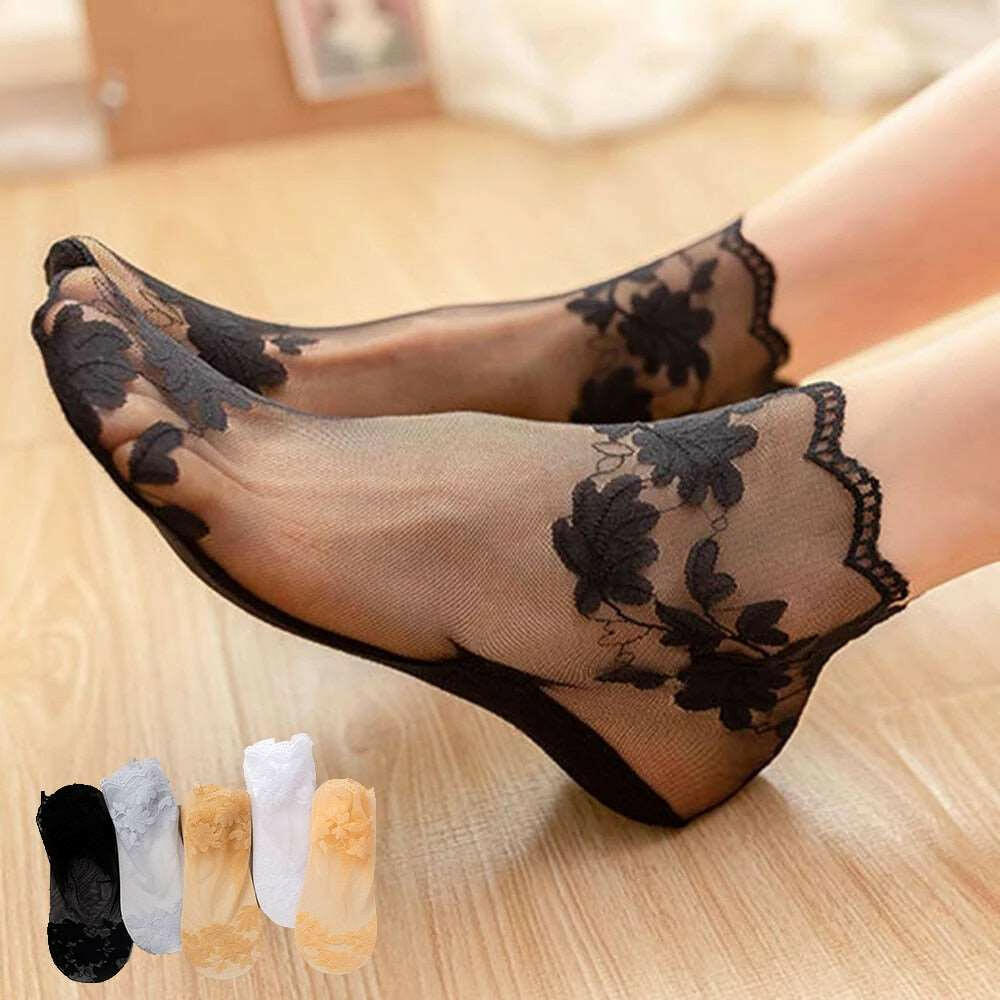 Best Seller Women’s Lace Socks – Classic Floral Pattern for Any Outfit FY-BLACK EUR 35-41