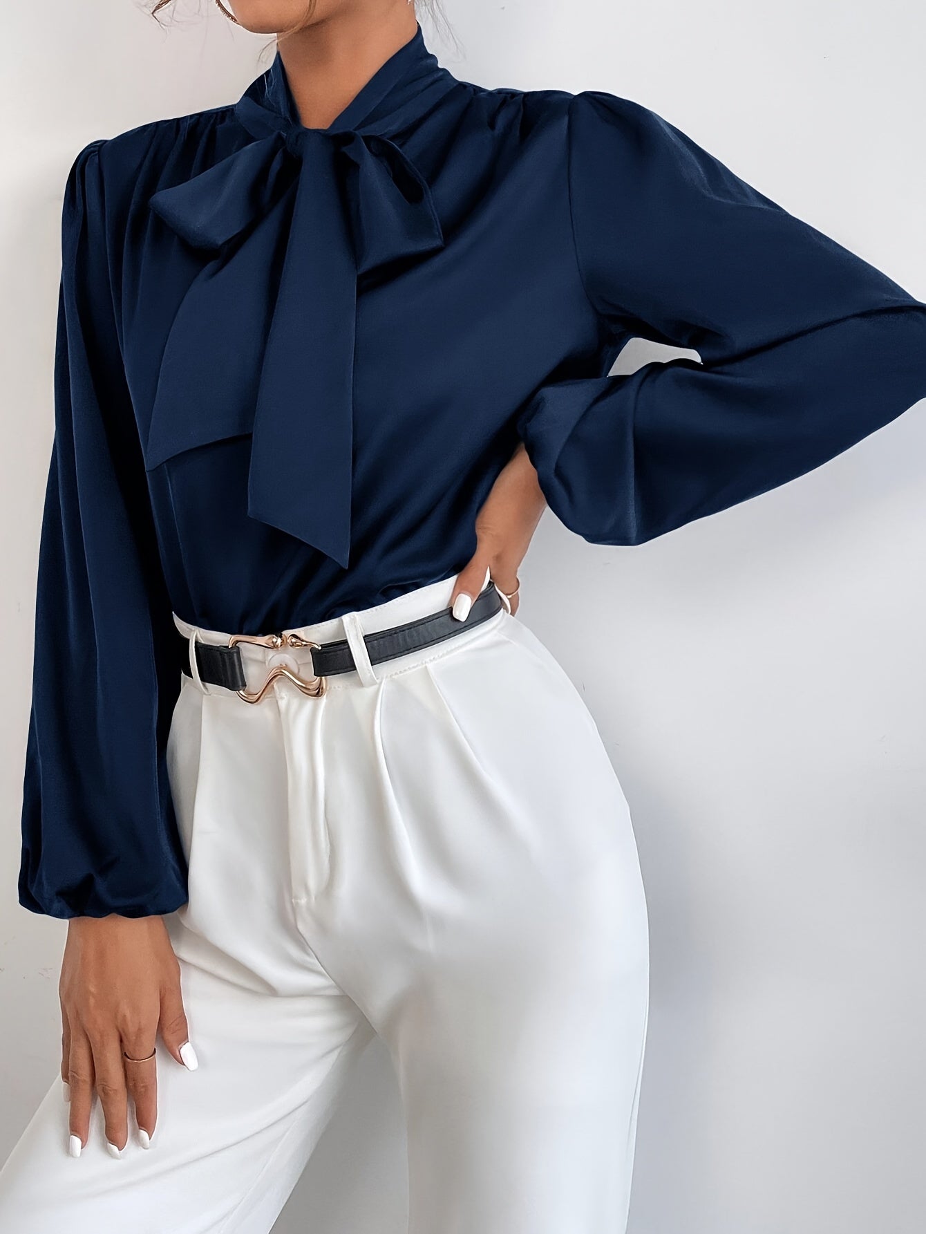 Elegant Satin Feel Blouse with Tie-Neck and Bishop Sleeves