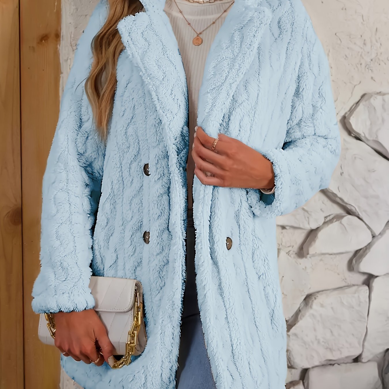 Women’s Double Breasted Lapel Jacket - Stylish, Soft, and Fluffy Light Blue