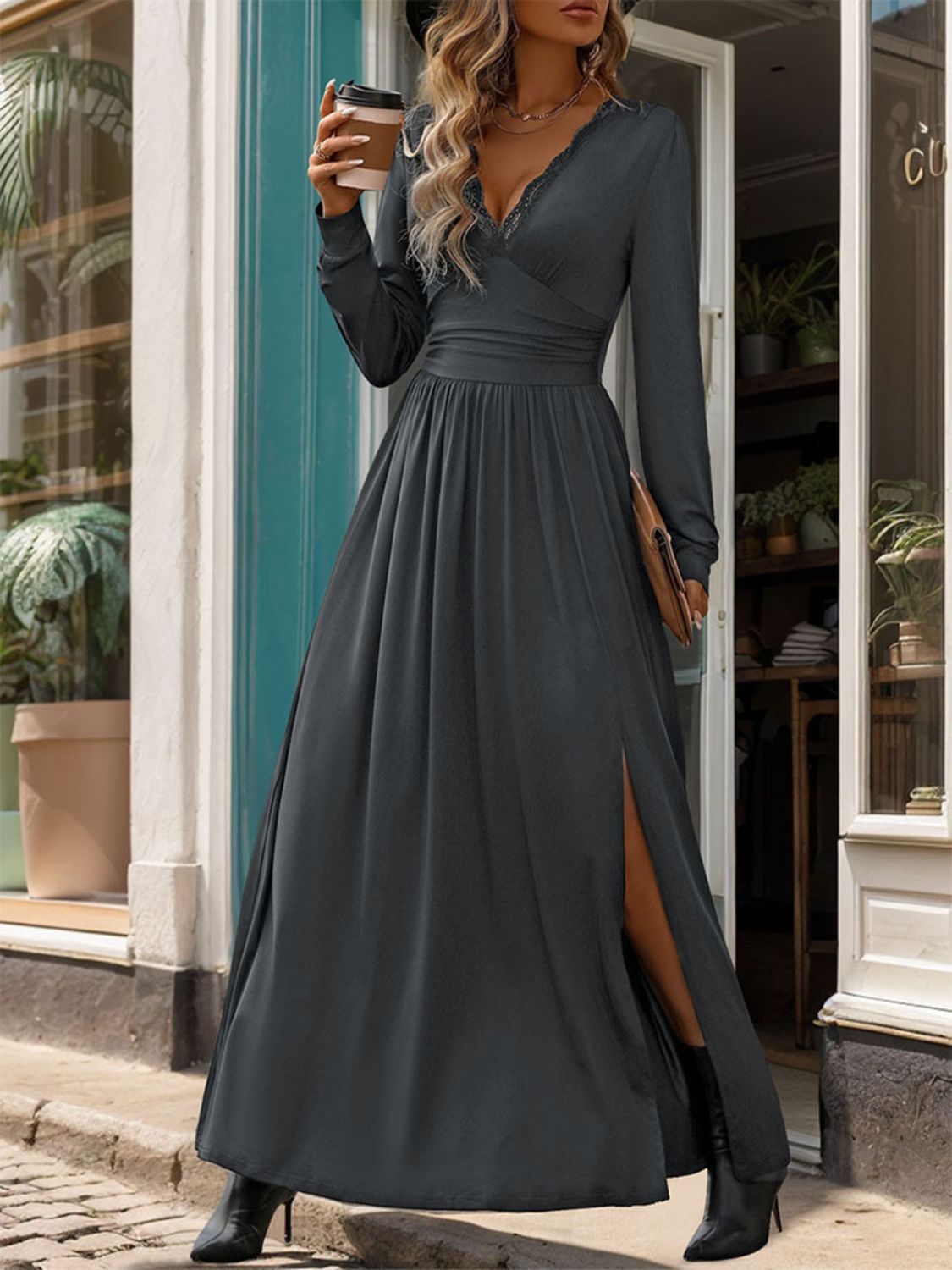 Romantic Lace Slit Dress with V-Neckline Dark Gray