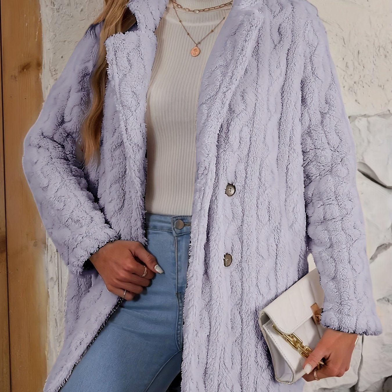 Women’s Double Breasted Lapel Jacket - Stylish, Soft, and Fluffy Light Purple