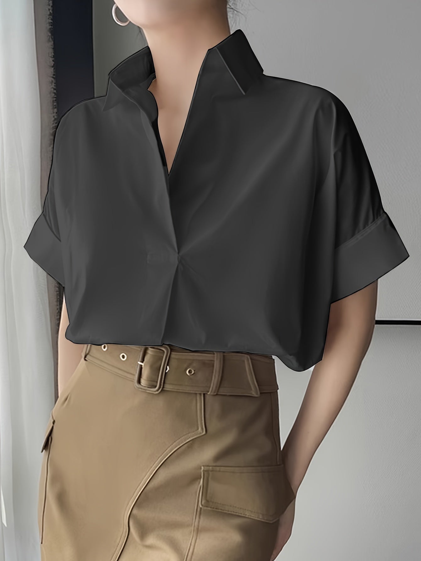 Elegant Semi-Sheer Lapel Collar Blouse