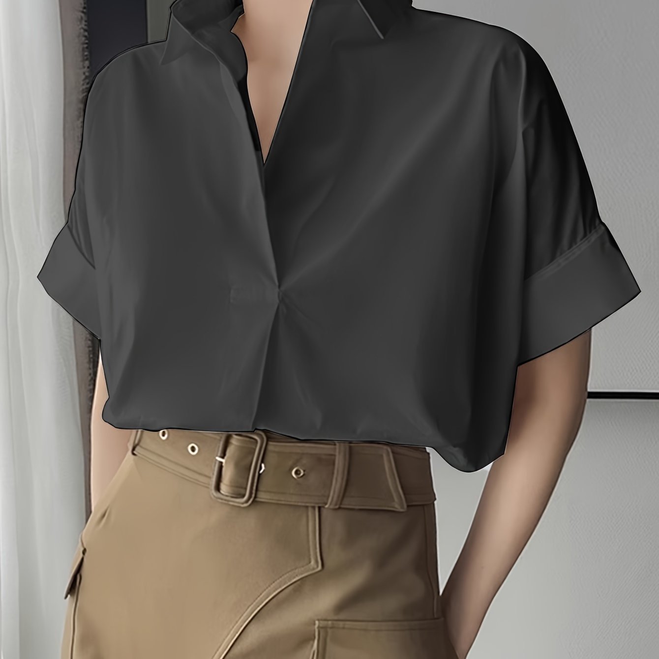 Elegant Semi-Sheer Lapel Collar Blouse Black M