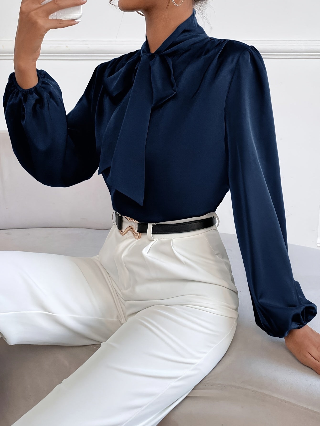 Elegant Satin Feel Blouse with Tie-Neck and Bishop Sleeves