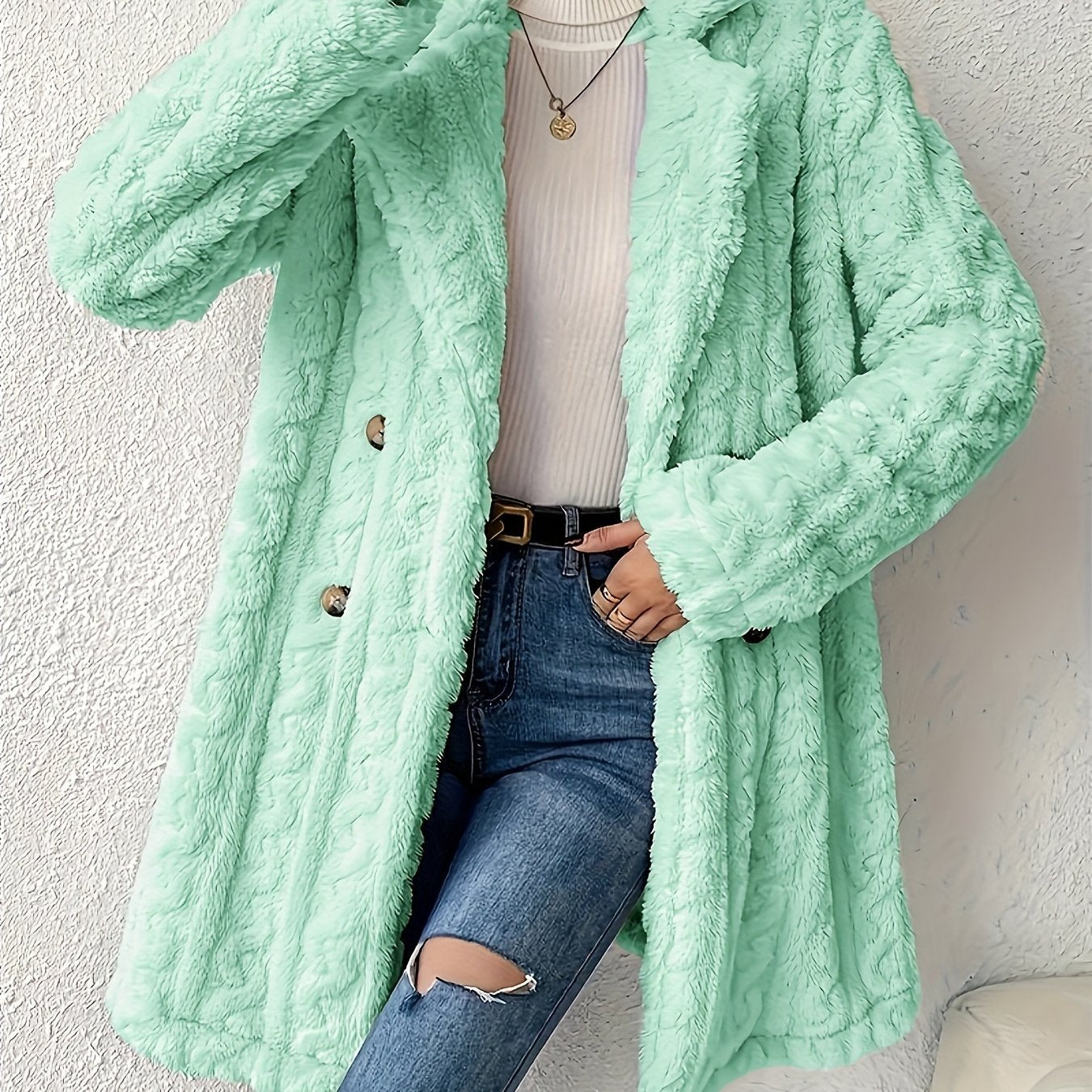 Women’s Double Breasted Lapel Jacket - Stylish, Soft, and Fluffy Viridity