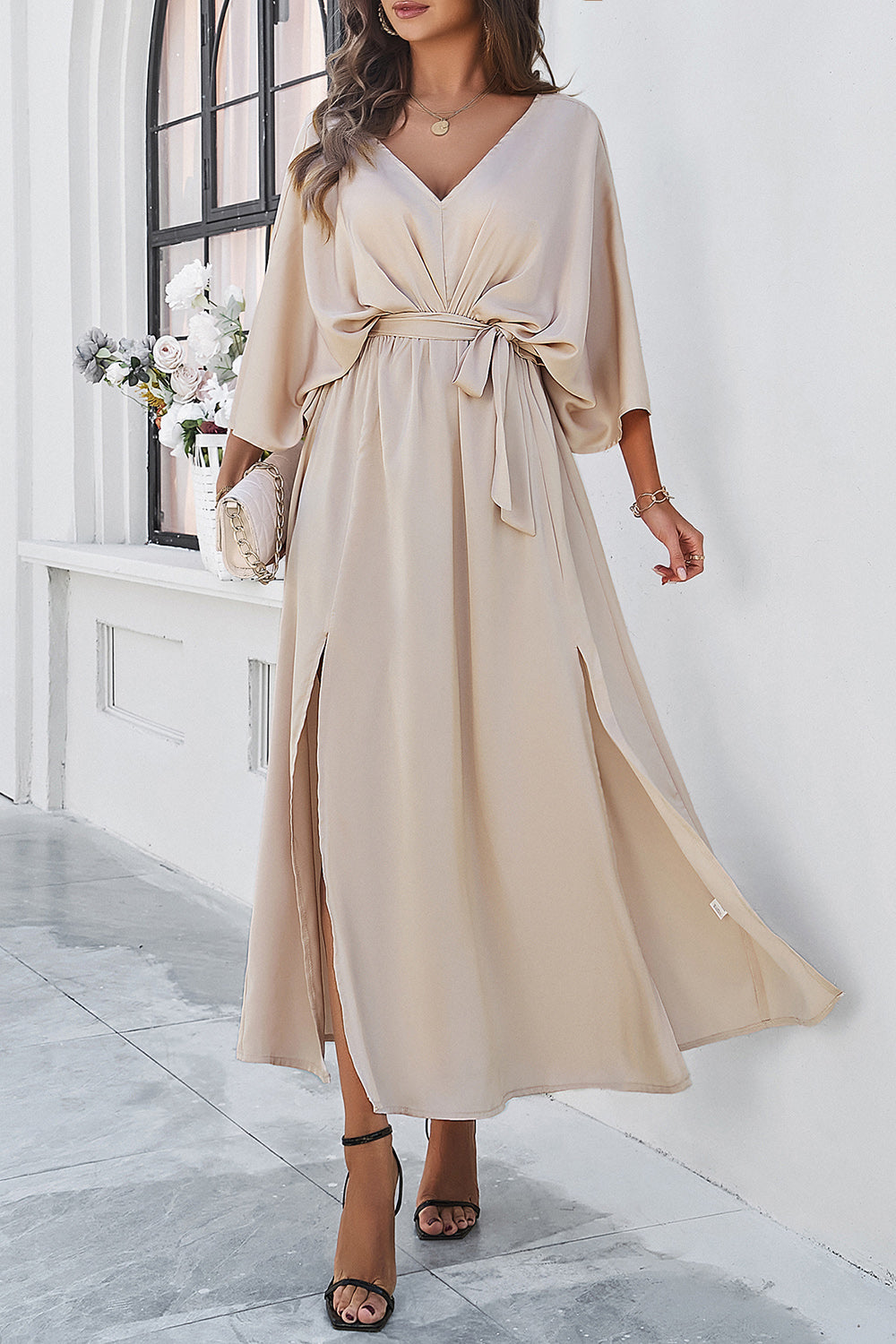 V-Neck Three-Quarter Sleeve Dress with Stylish Side Slit Tan