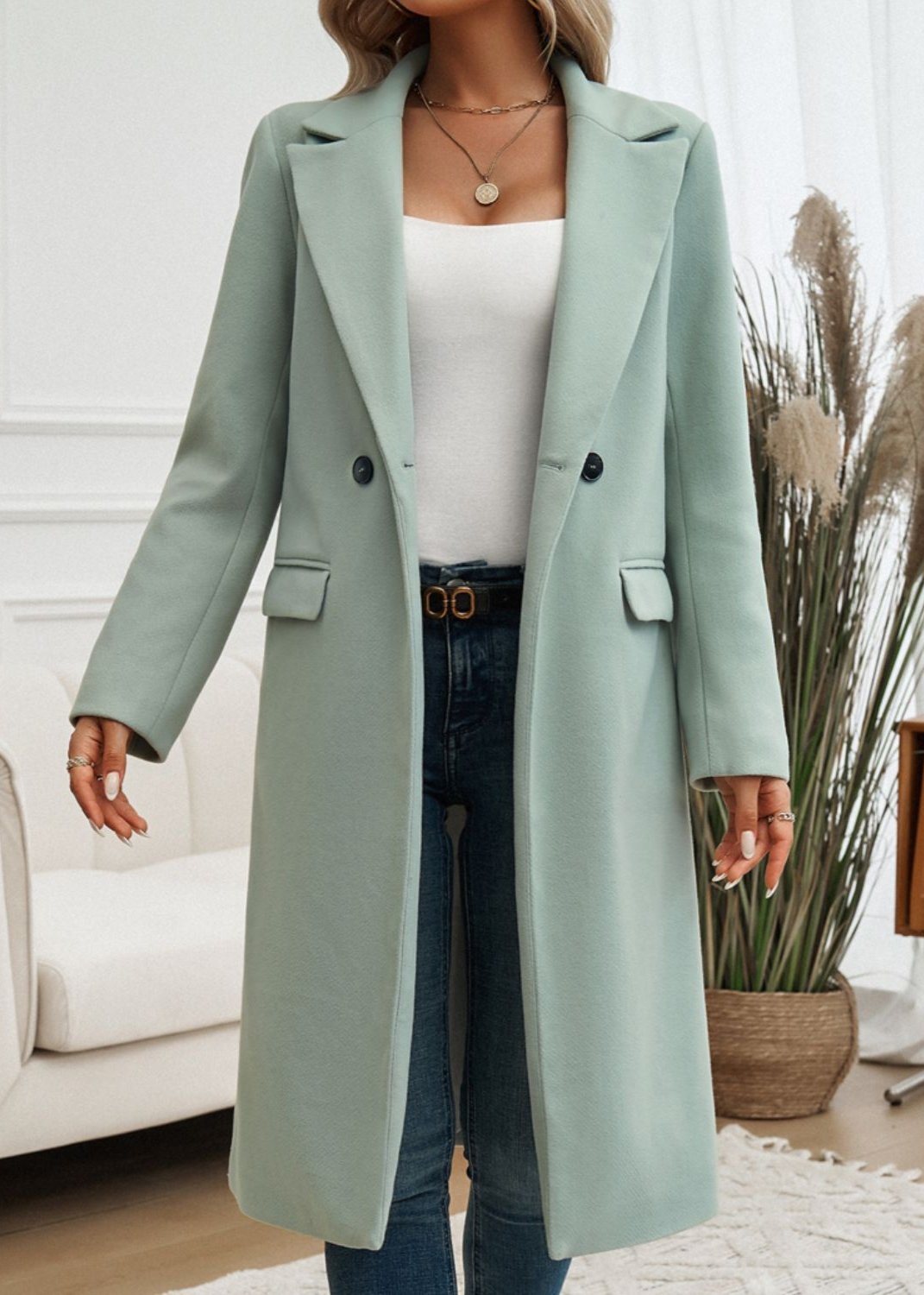 Women’s Slim Fit Long Sleeve Coat with Collar and Pockets Sage