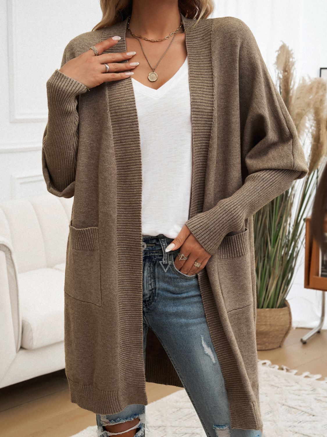 Cozy Open Front Long Sleeve Cardigan Taupe