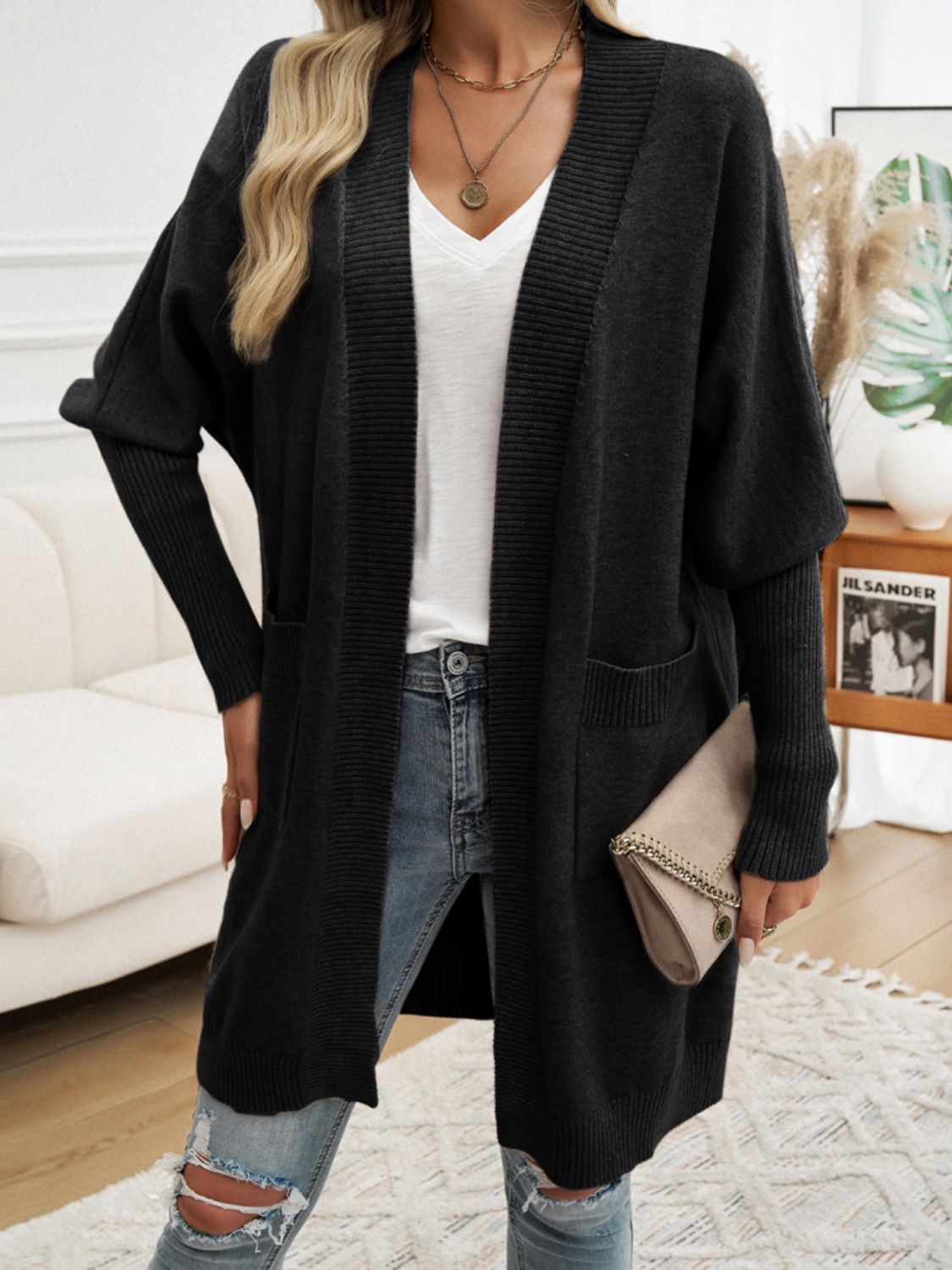 Cozy Open Front Long Sleeve Cardigan Black