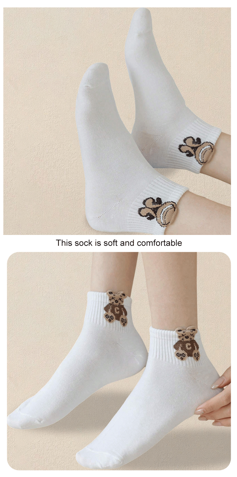 5 Pairs Women's Cartoon Teddy Bear Patterned Ankle Socks