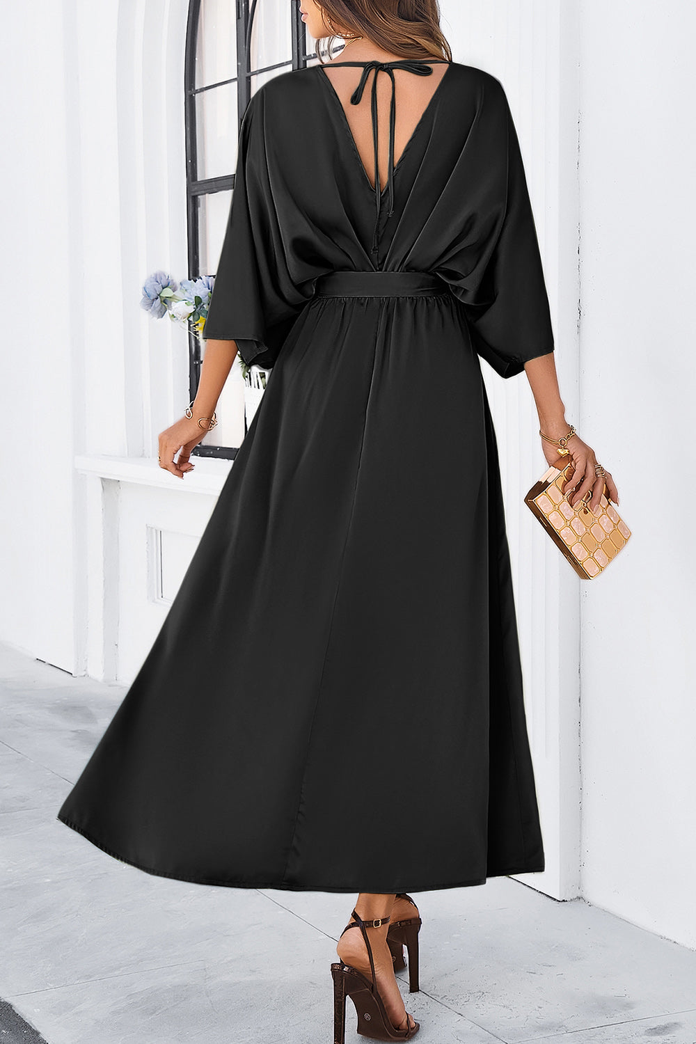 V-Neck Three-Quarter Sleeve Dress with Stylish Side Slit