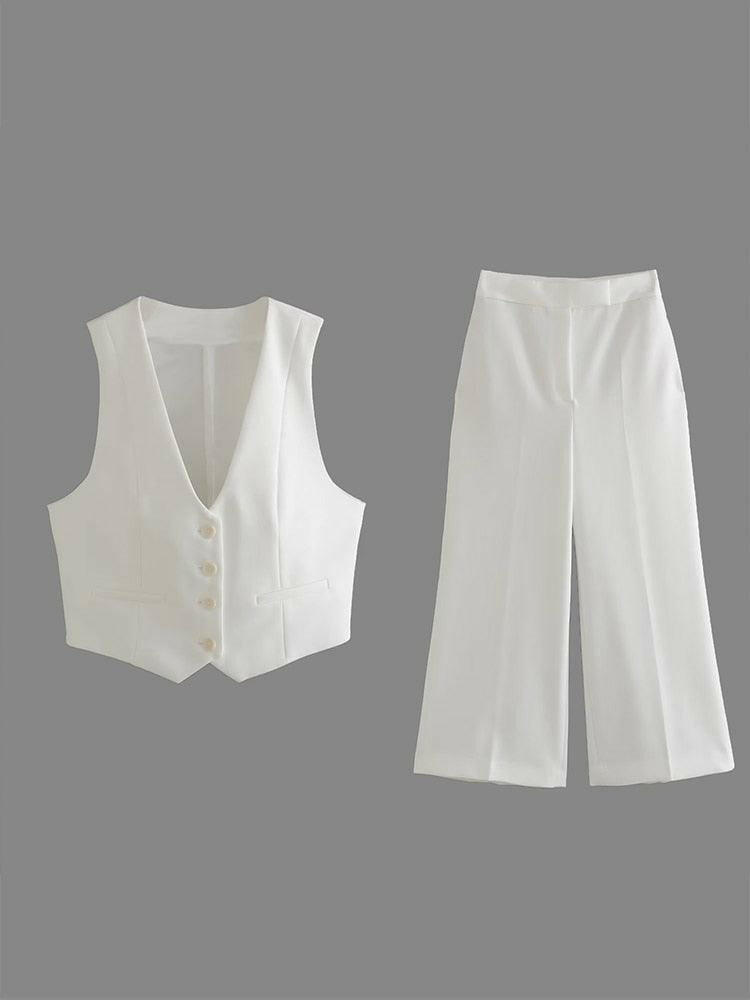 Women's 2 Piece Vest and Wide Leg Pants Set white-set