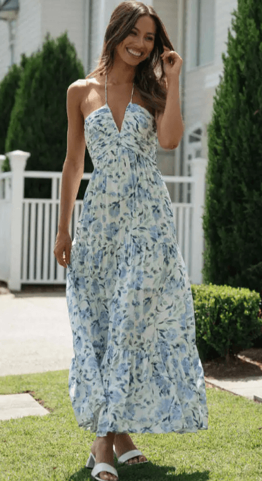 Bohemian Summer Chiffon Halter Dress Blue Floral