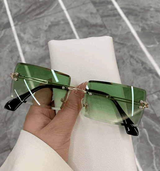 Bold Frameless Rectangle Sunglasses Gold Green