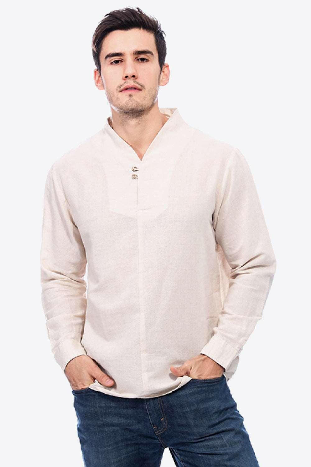 Buttoned V-Neck Linen Tee with Long Sleeves Eggshell