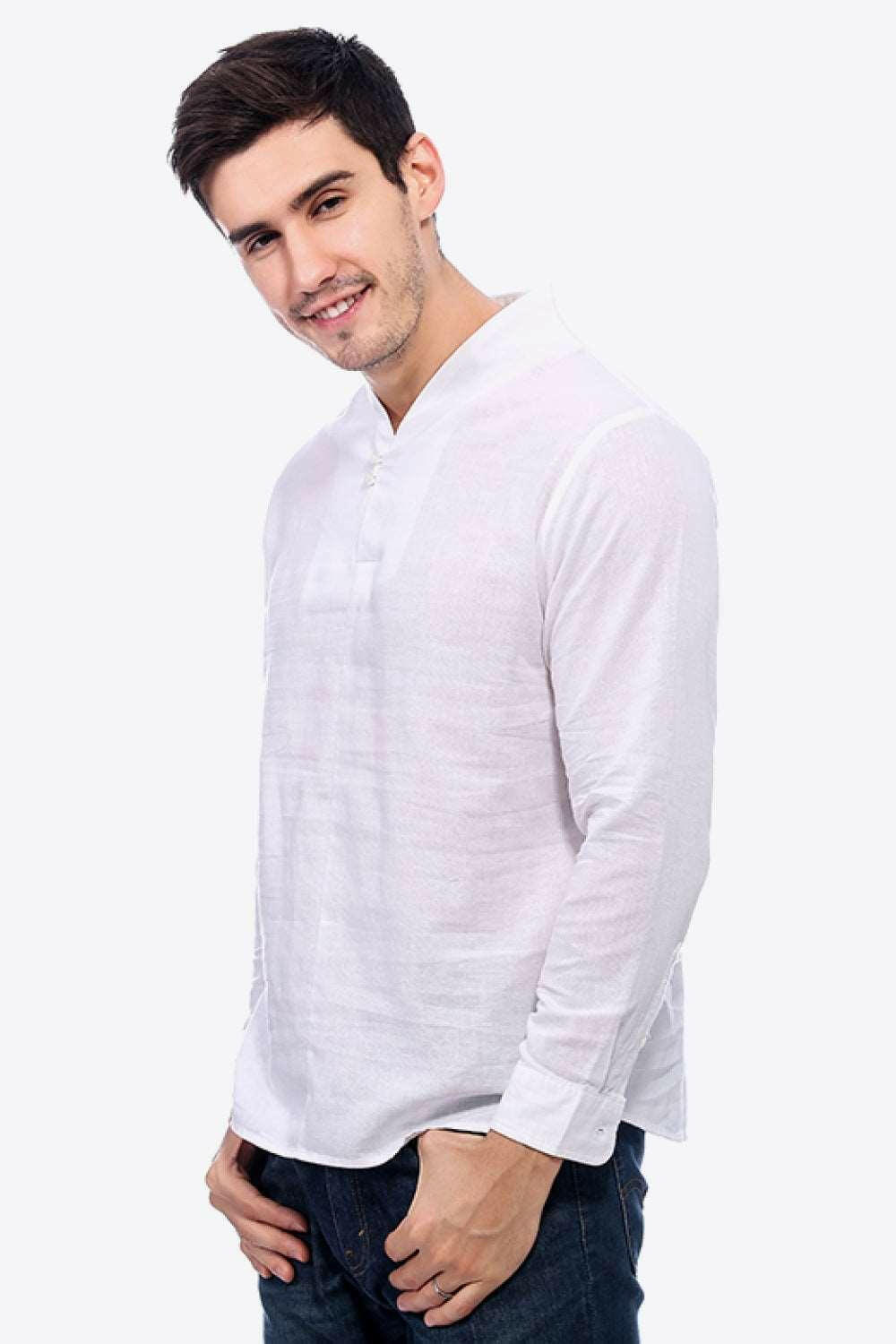 Buttoned V-Neck Linen Tee with Long Sleeves