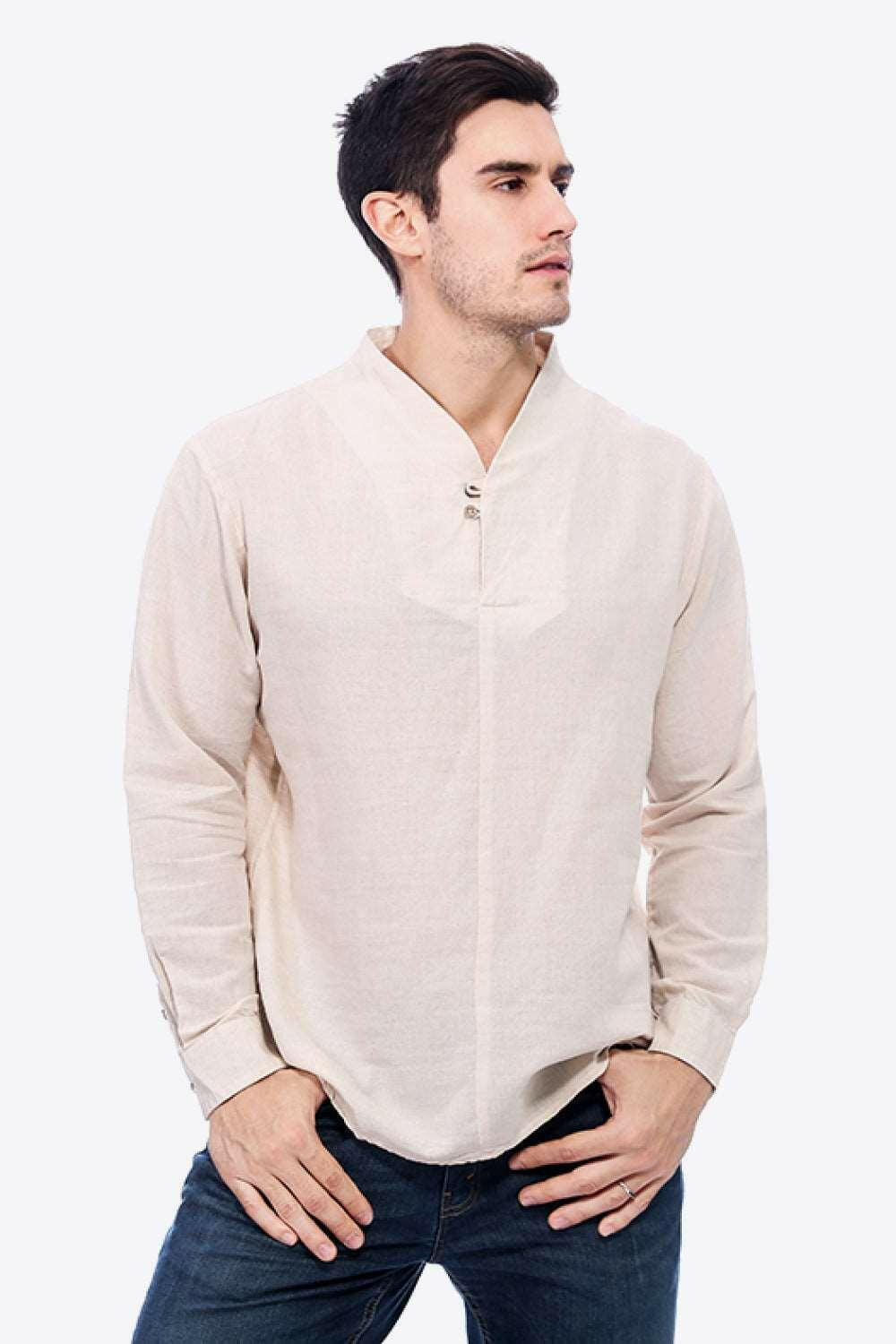 Buttoned V-Neck Linen Tee with Long Sleeves