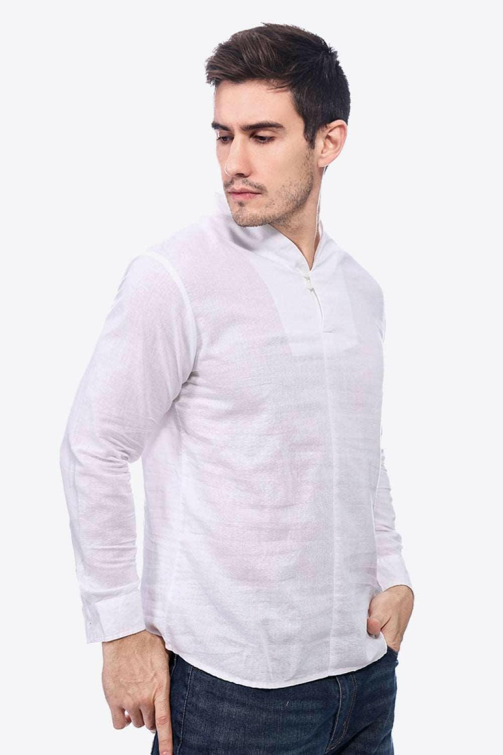 Buttoned V-Neck Linen Tee with Long Sleeves