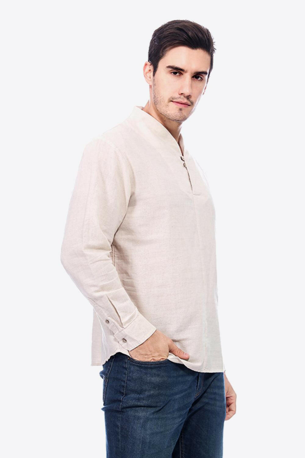 Buttoned V-Neck Linen Tee with Long Sleeves