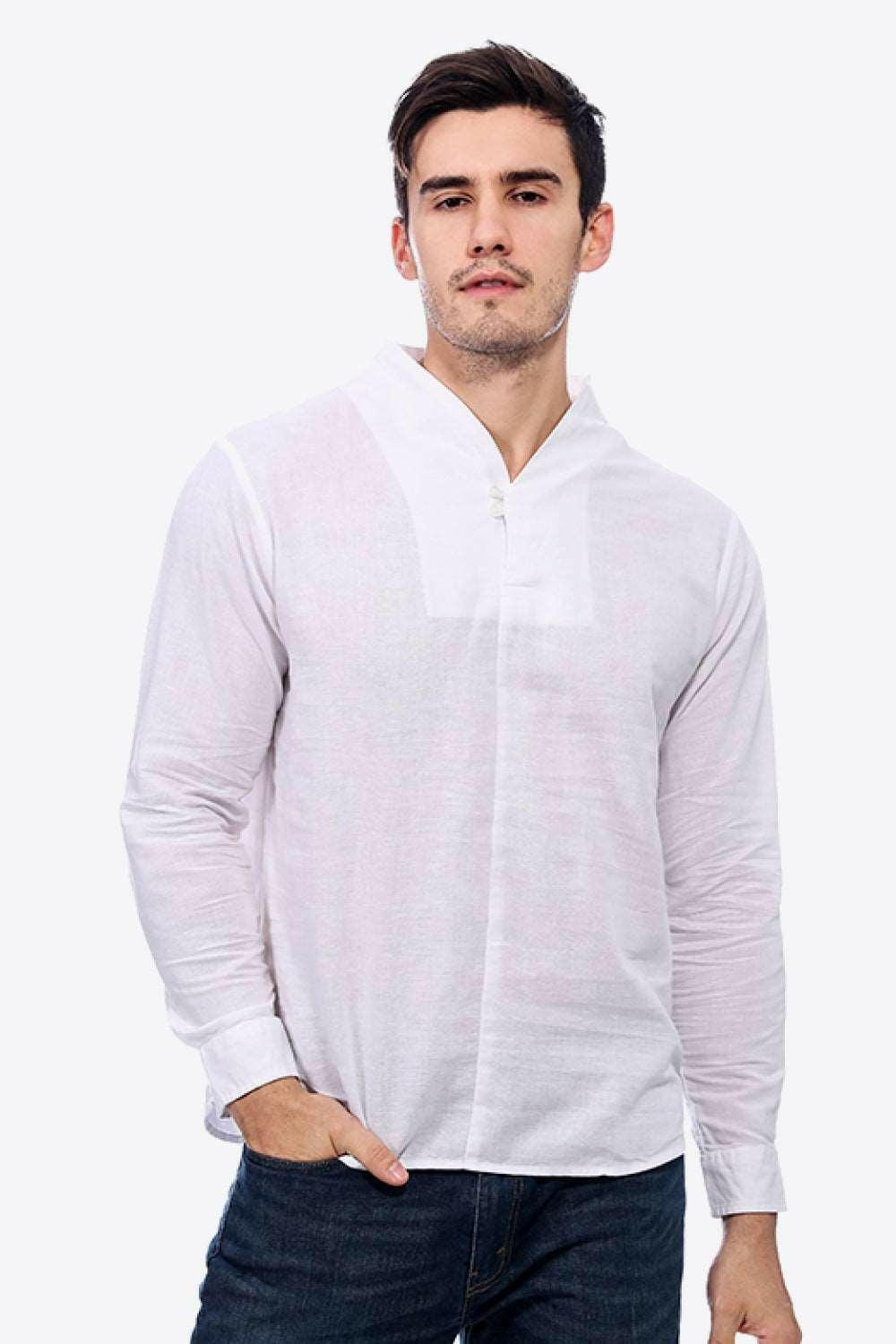 Buttoned V-Neck Linen Tee with Long Sleeves