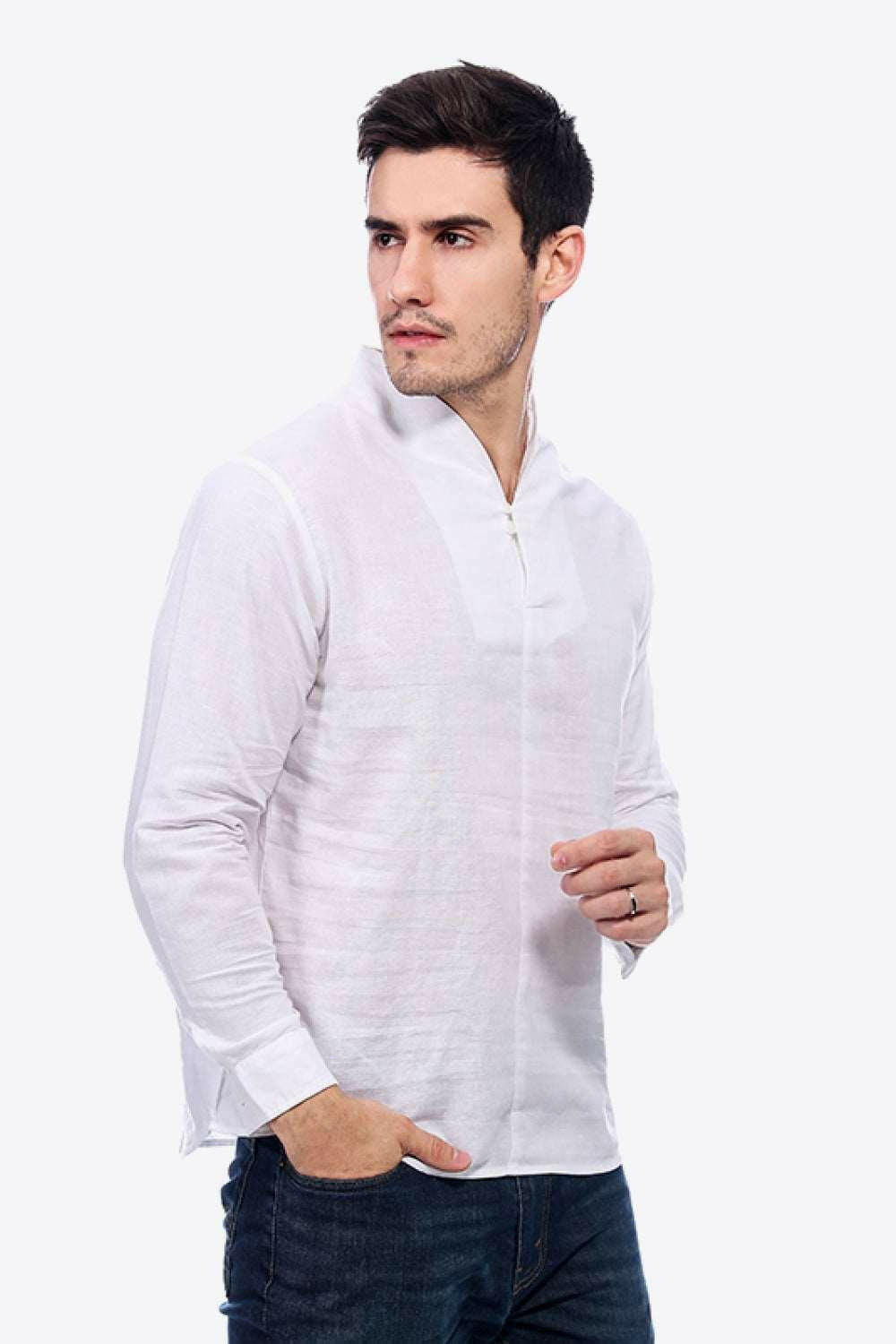 Buttoned V-Neck Linen Tee with Long Sleeves