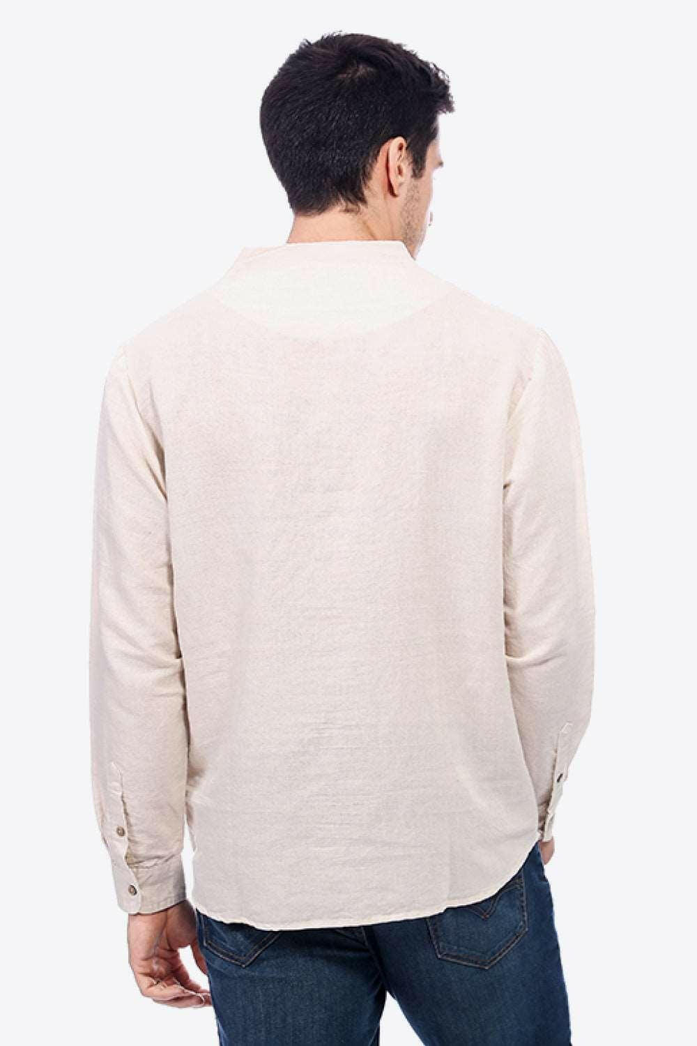 Buttoned V-Neck Linen Tee with Long Sleeves