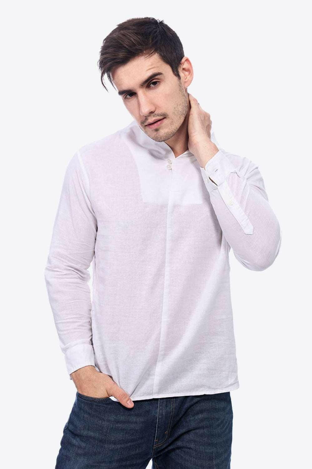 Buttoned V-Neck Linen Tee with Long Sleeves