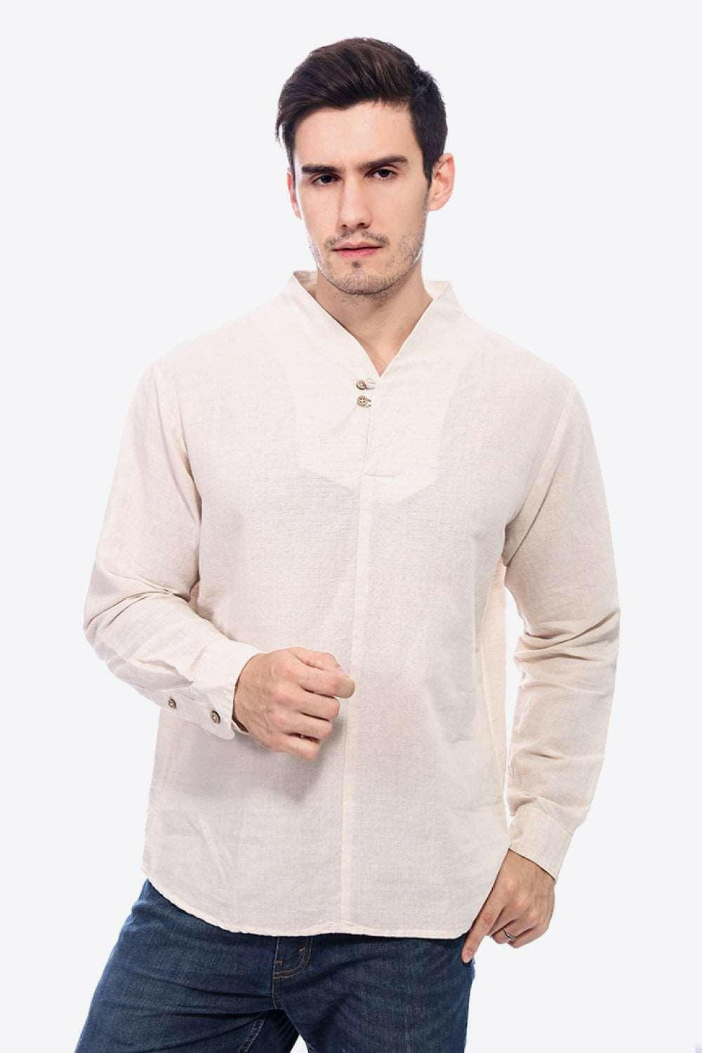 Buttoned V-Neck Linen Tee with Long Sleeves