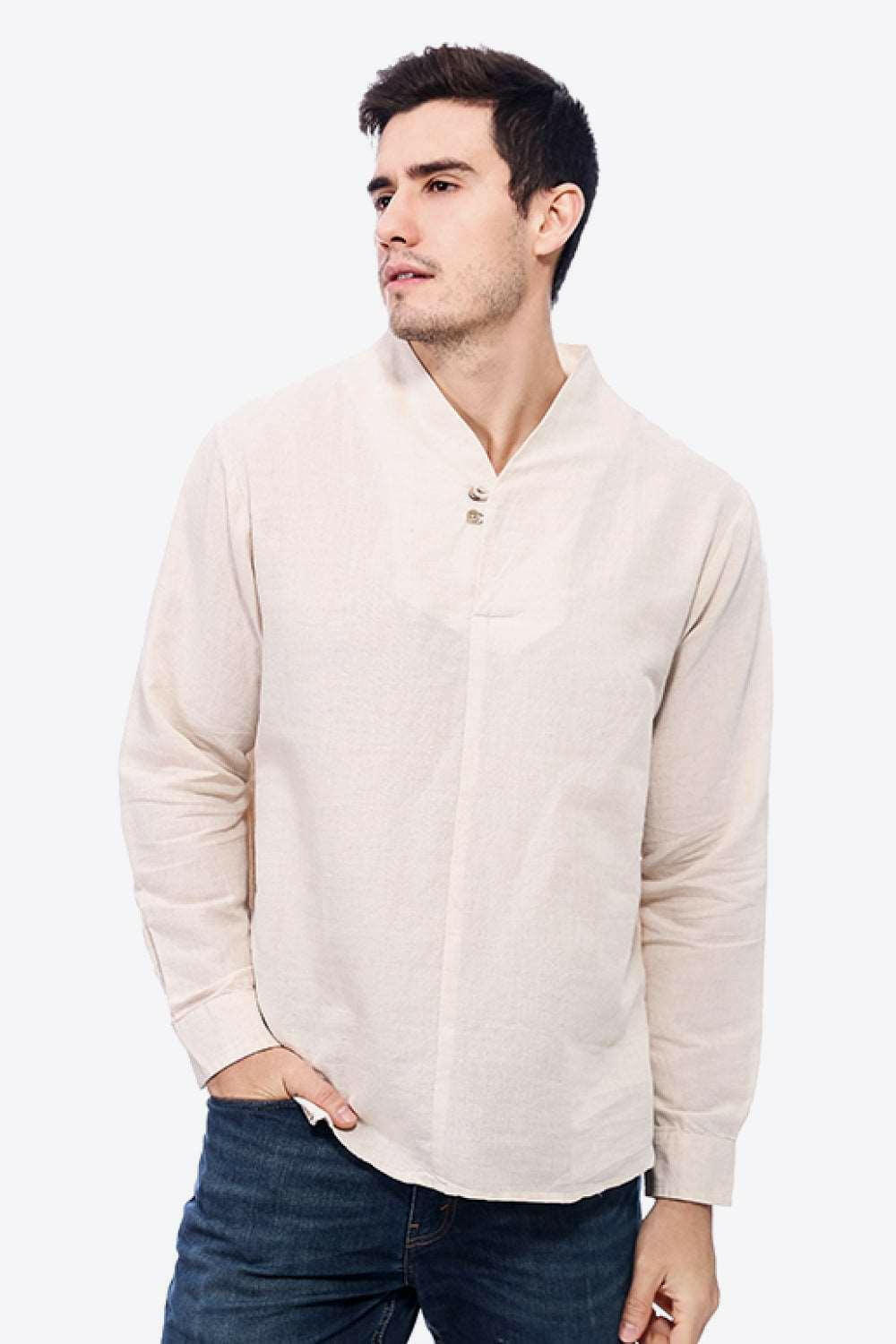 Buttoned V-Neck Linen Tee with Long Sleeves