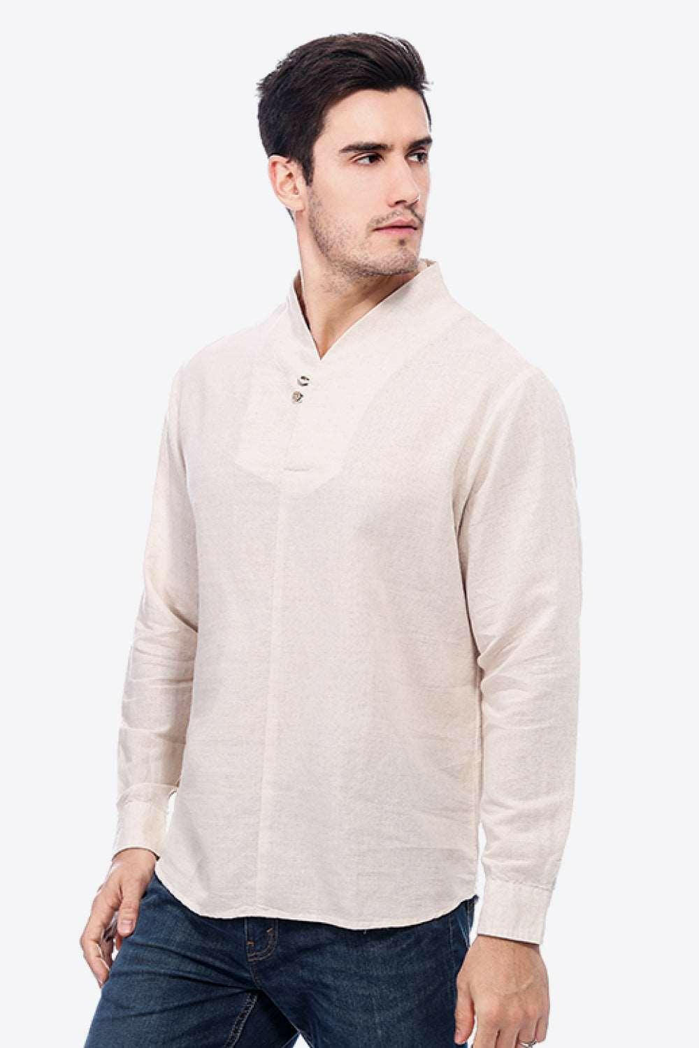 Buttoned V-Neck Linen Tee with Long Sleeves