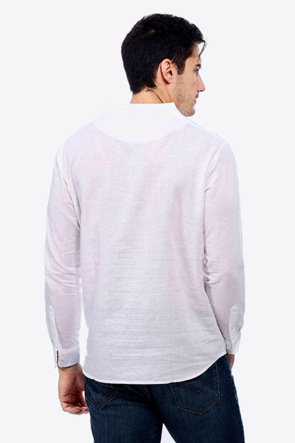 Buttoned V-Neck Linen Tee with Long Sleeves