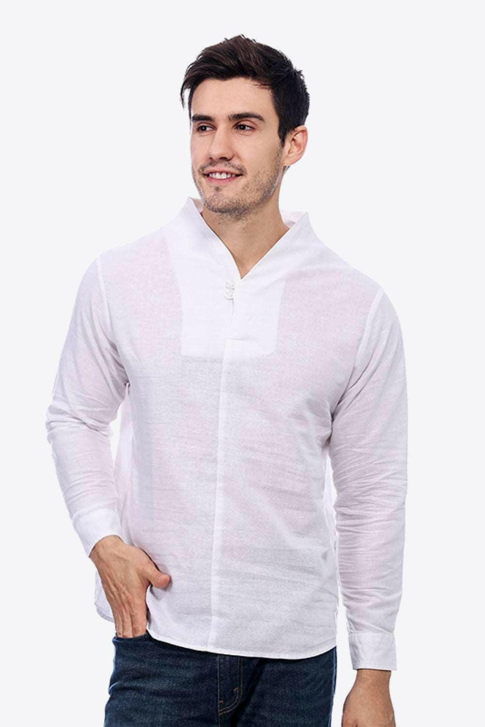 Buttoned V-Neck Linen Tee with Long Sleeves White