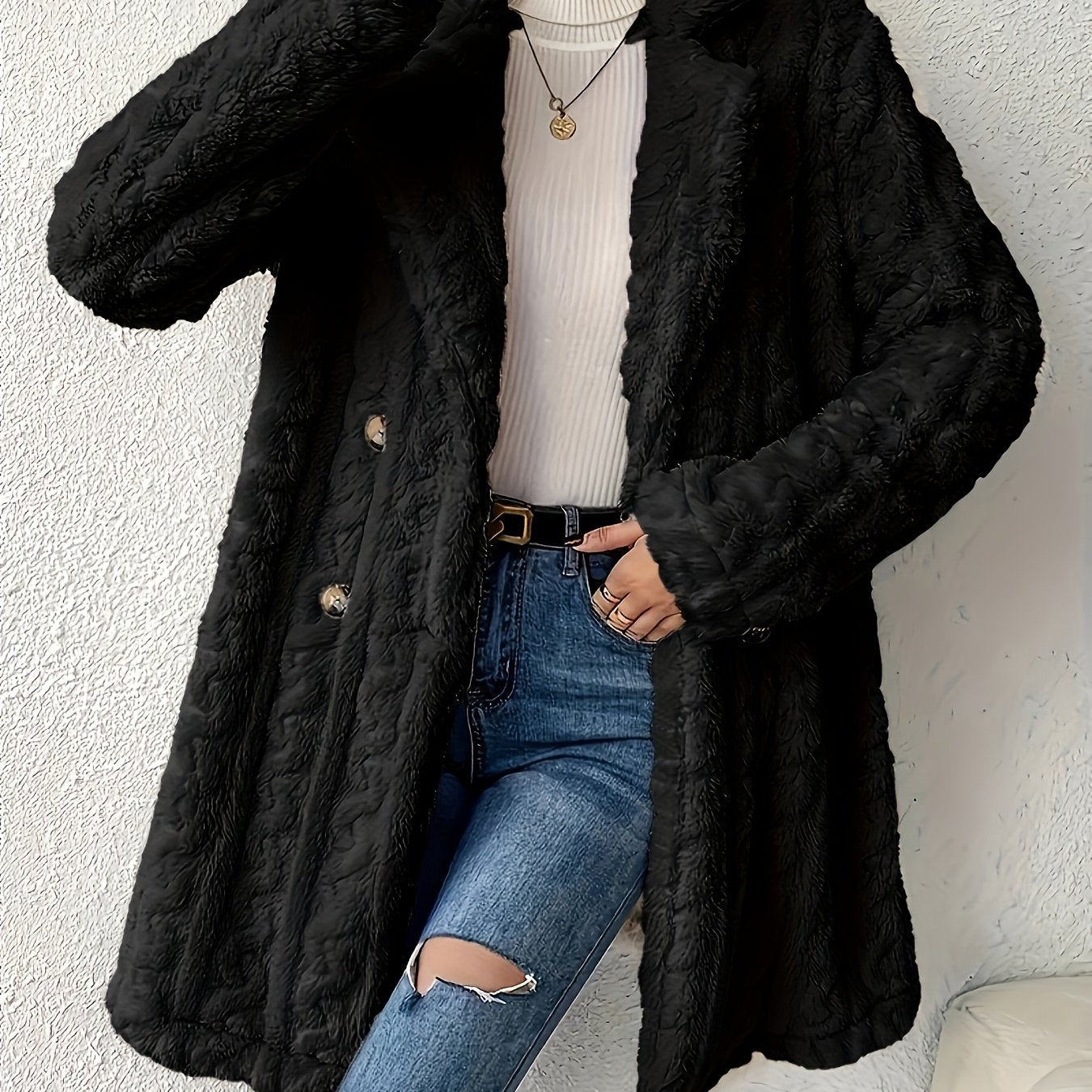 Women’s Double Breasted Lapel Jacket - Stylish, Soft, and Fluffy Deep Grey