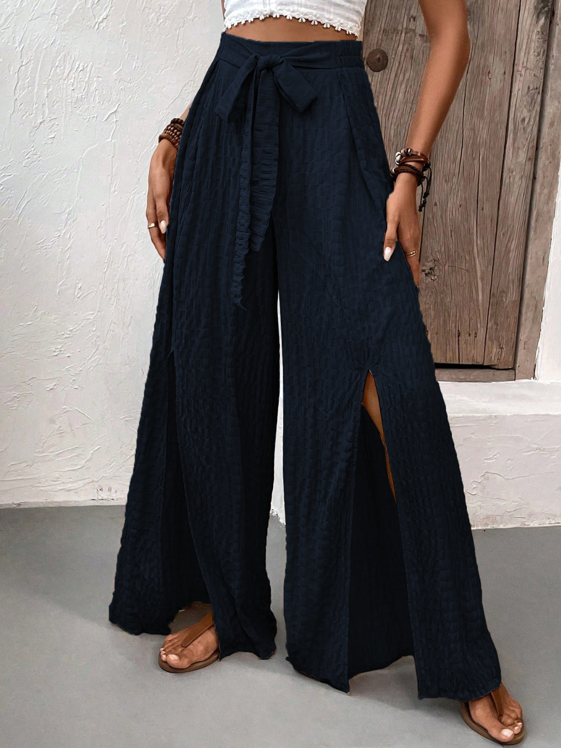 Honey Tied Slit Wide Leg Pants Dark Navy