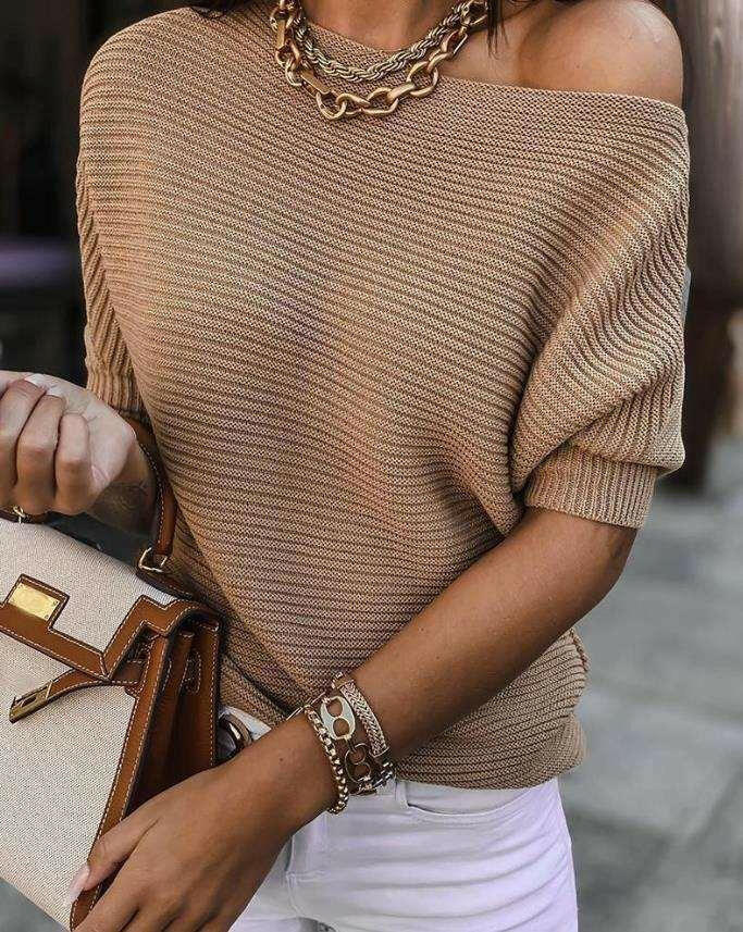 Casual Round Neck Rib-Knit Sweater Tan