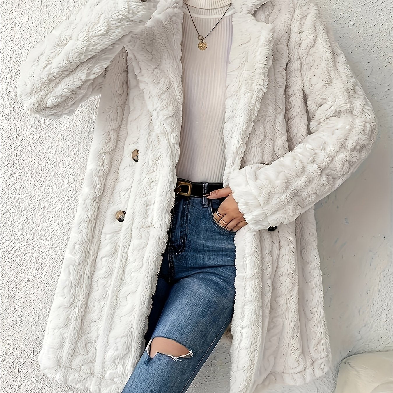 Women’s Double Breasted Lapel Jacket - Stylish, Soft, and Fluffy White