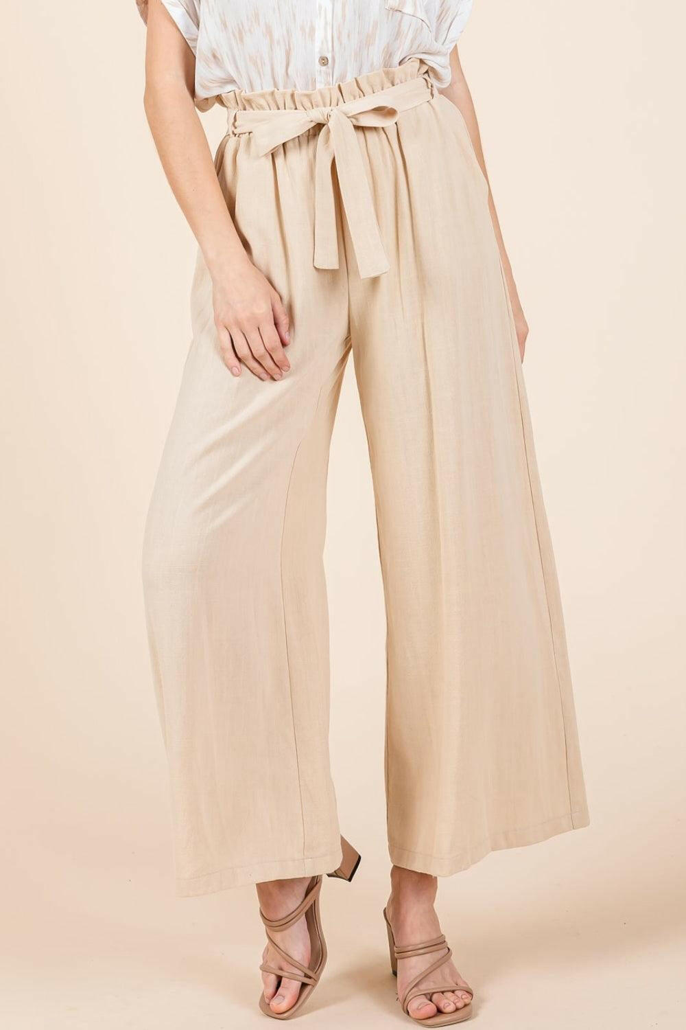 Chic High-Waist Tie-Front Wide Leg Pants Natural