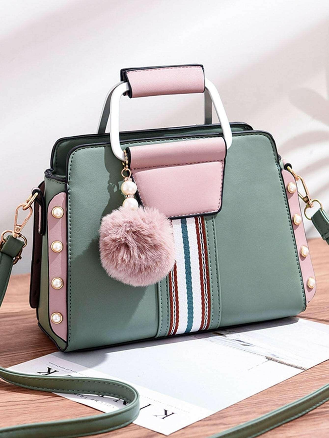 Chic Square Bag in Bright Green Polyester with Playful Pom - Women Satchels by The Nichole Collection