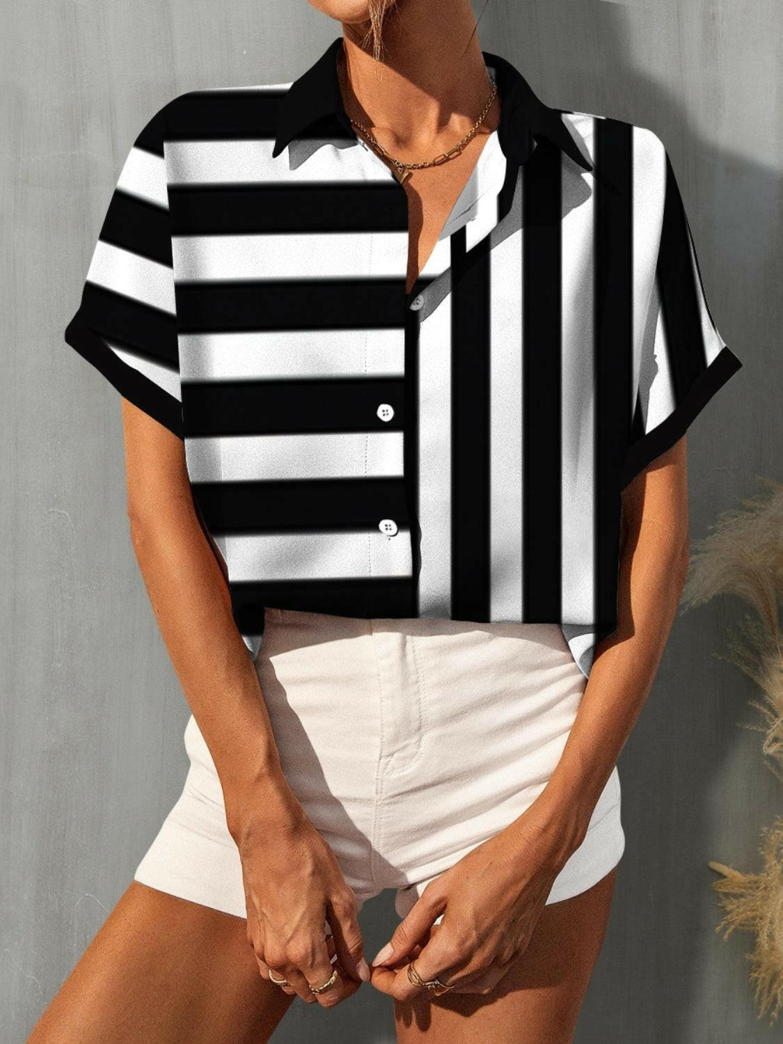 Chic Striped Short Sleeve Button-Up Shirt Black