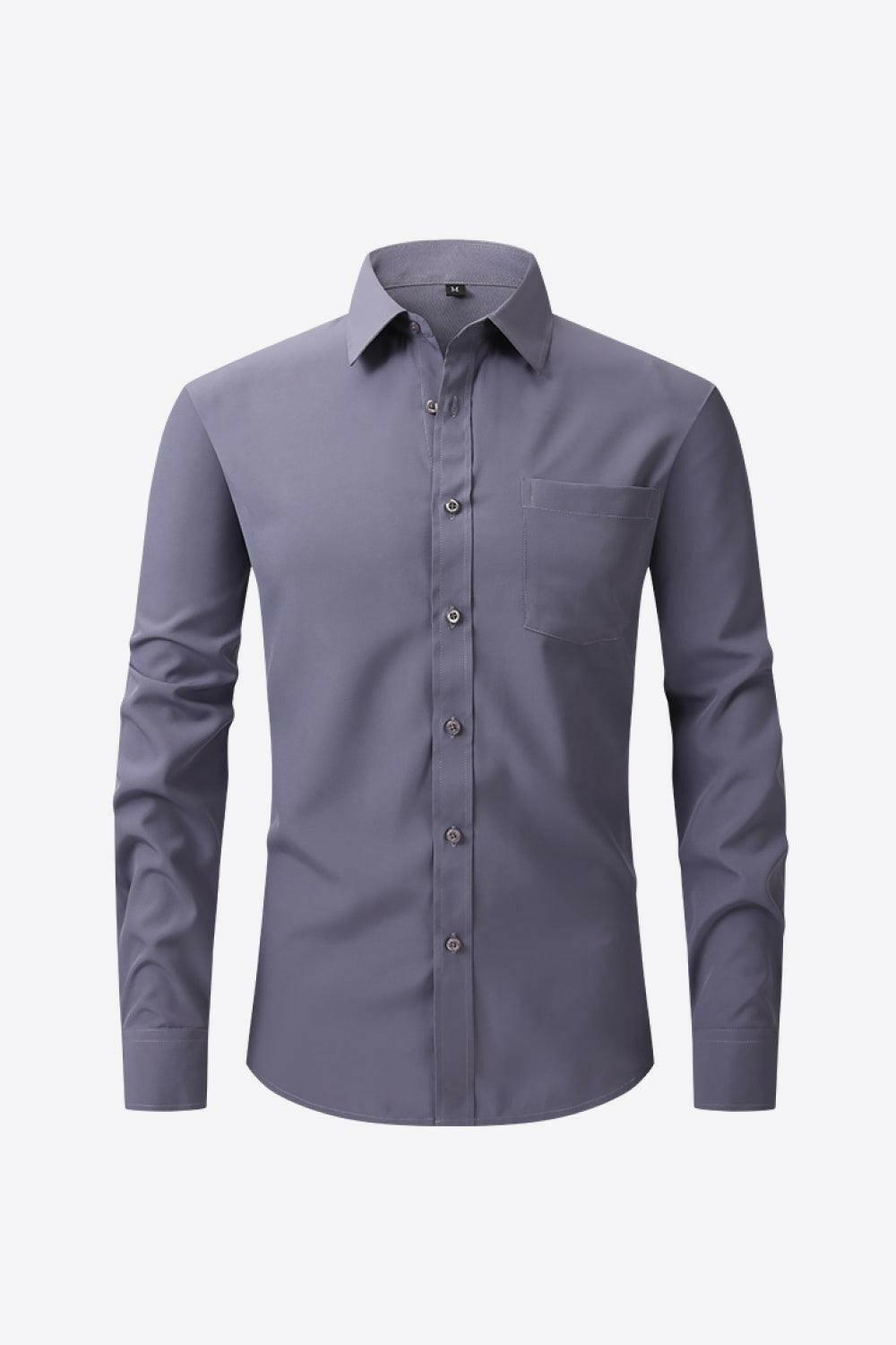 Classic Long Sleeve Collared Shirt with Pocket Dark Gray