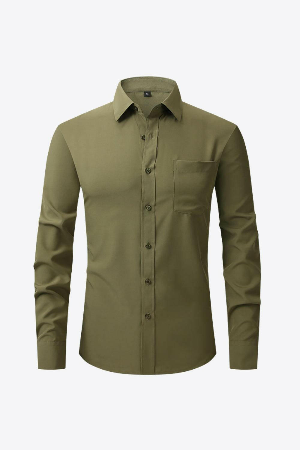 Classic Long Sleeve Collared Shirt with Pocket Moss