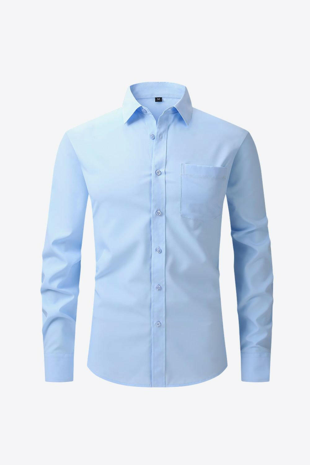 Classic Long Sleeve Collared Shirt with Pocket Pastel Blue