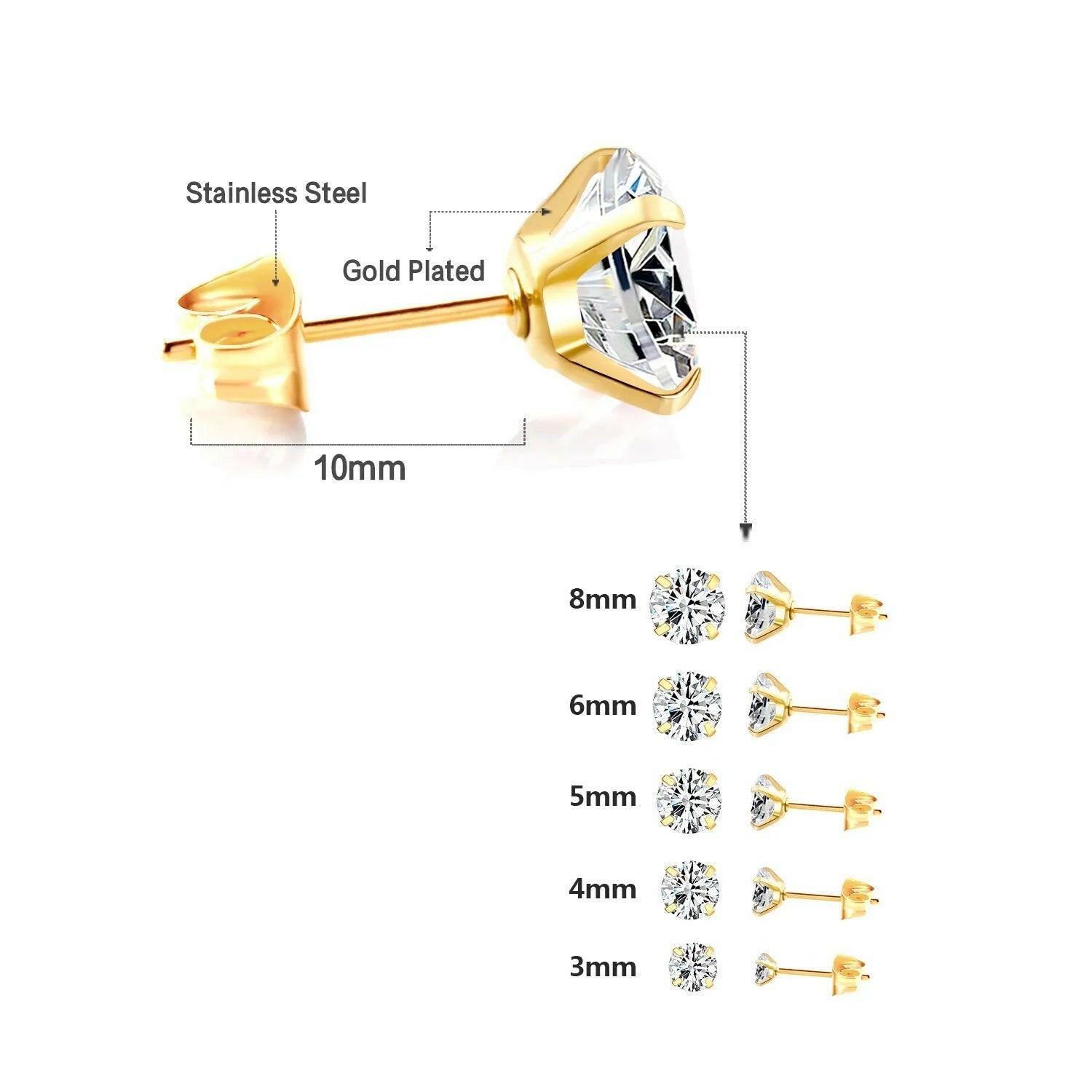 Clear Cubic Zirconia Stud Earrings push back 125 Gold