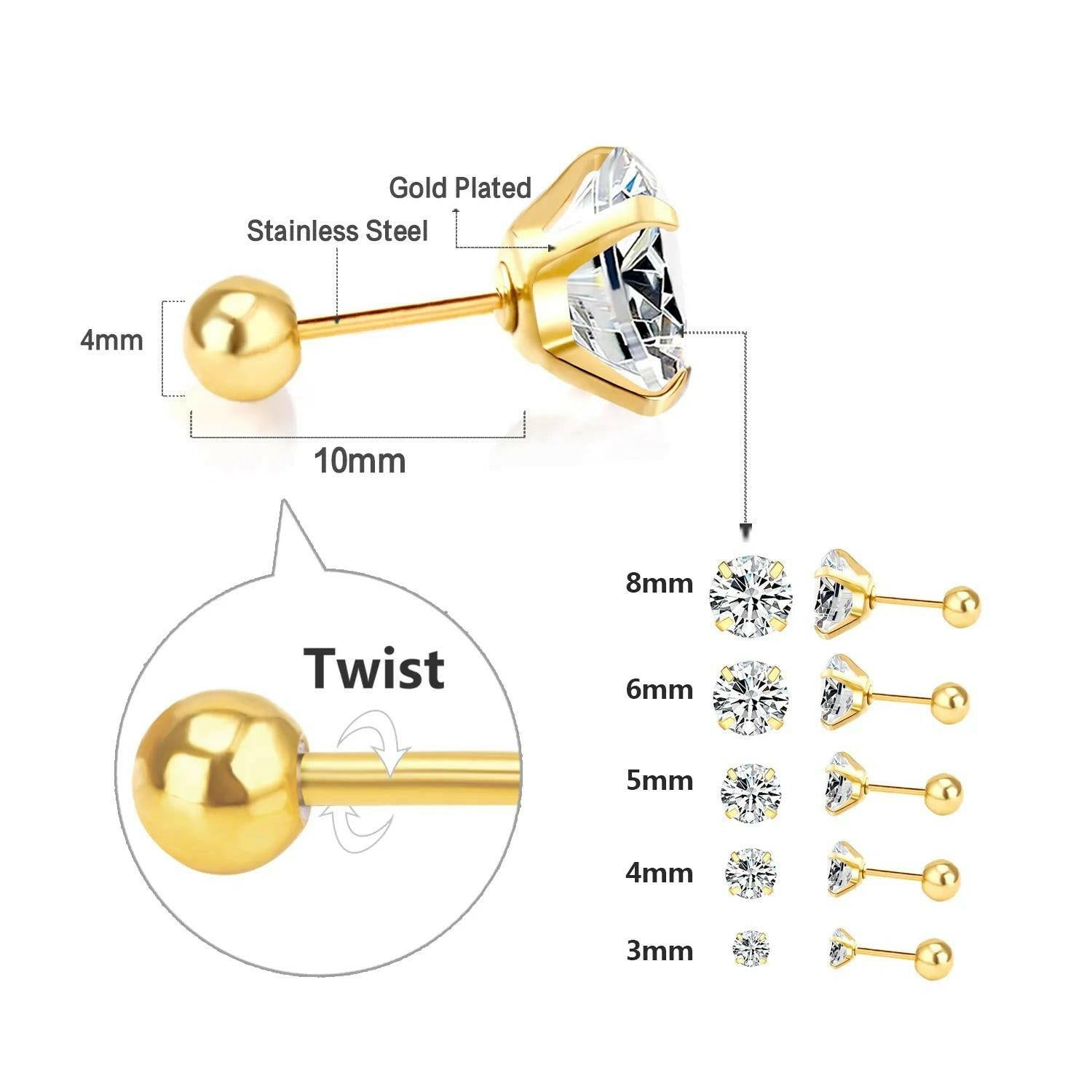 Clear Cubic Zirconia Stud Earrings twist ball 184 Gold