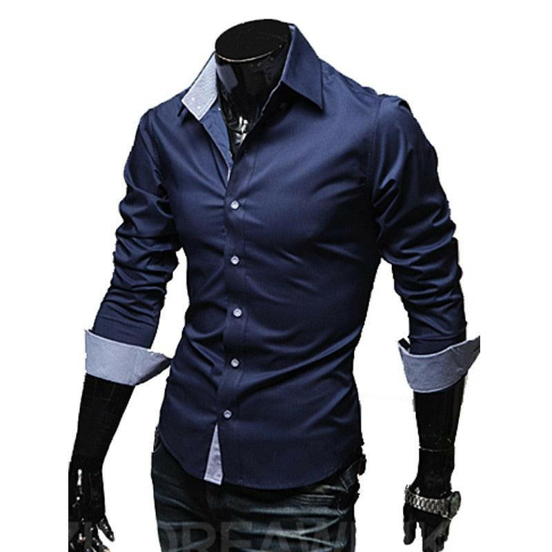 Comfortable Single Breasted Slim Fit Dress Shirt for Men 036-Navy blue