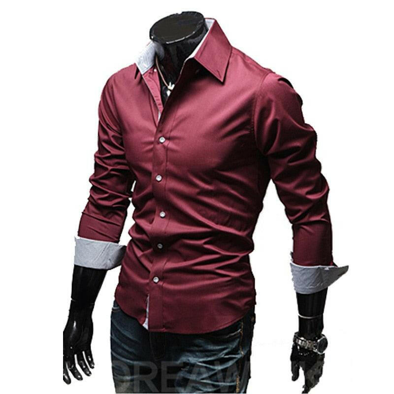 Comfortable Single Breasted Slim Fit Dress Shirt for Men 036-Red wine