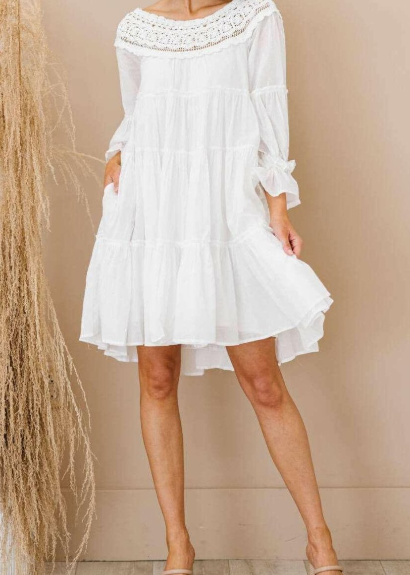 Crochet-Trim Boho Dress with Pockets - Clearance Ivory